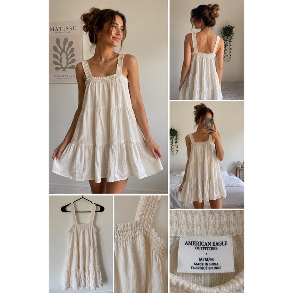American Eagle Outfitters Dresses & Skirts - American Eagle Cream Smocked Tiered Mini Dress Medium gauze Ivory Boho Summer